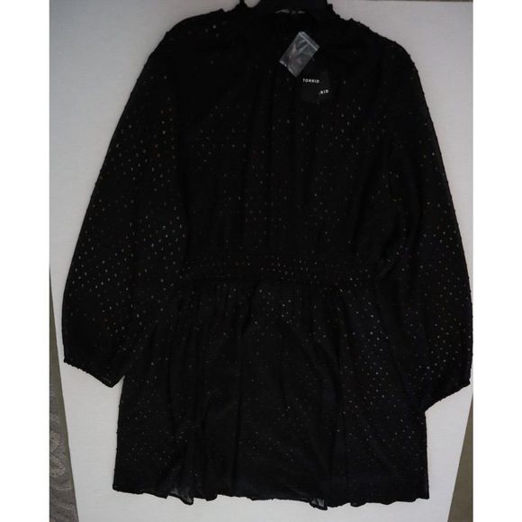 Torrid Women's Plus Sz 3 (3X) Deep Black Mini Clip Dot Blouson Sleeve Dress $86 - Picture 9 of 16
